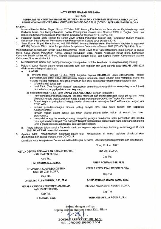 isi nota kesepakatan adalah : 1. Memerintahkan Camat dan Forkompincam agar menegakkan protokol kesehatan di wilayah masing masing. 2. Memerintahkan kepada Kepala Desa atau Lurah agar melarang warga masyarakat menyelenggarakan kegiatan hajatan atau resepsi pernikahan atau khitanan dan kegiatan sejenis yang menimbulkan potensi mendatangkan orang. Khusus pernikahan hanya boleh di laksanakan Ijab Qobul di KUA dan pemberkatan nikah di gereja yang di hadiri oleh mempelai, orang tua dan saksi. Pelarangan kegiatan tersebut berlaku sejak tanggal 11 Juni 2021 hingga 30 Juni 2021. 3. Apabila tidak mengindahkan kesepakatan ini maka kegiatan hajatan/resepsi pernikahan/khitanan dan kegiatan sejenis dimaksud akan dibubarkan oleh Satgas Penanganan Covid-19.