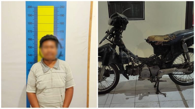 (S) alias Babi beserta barang bukti sepeda motor curian, saat diamankan anggota Satreskrim dan Jatanras, Minggu (20/8).