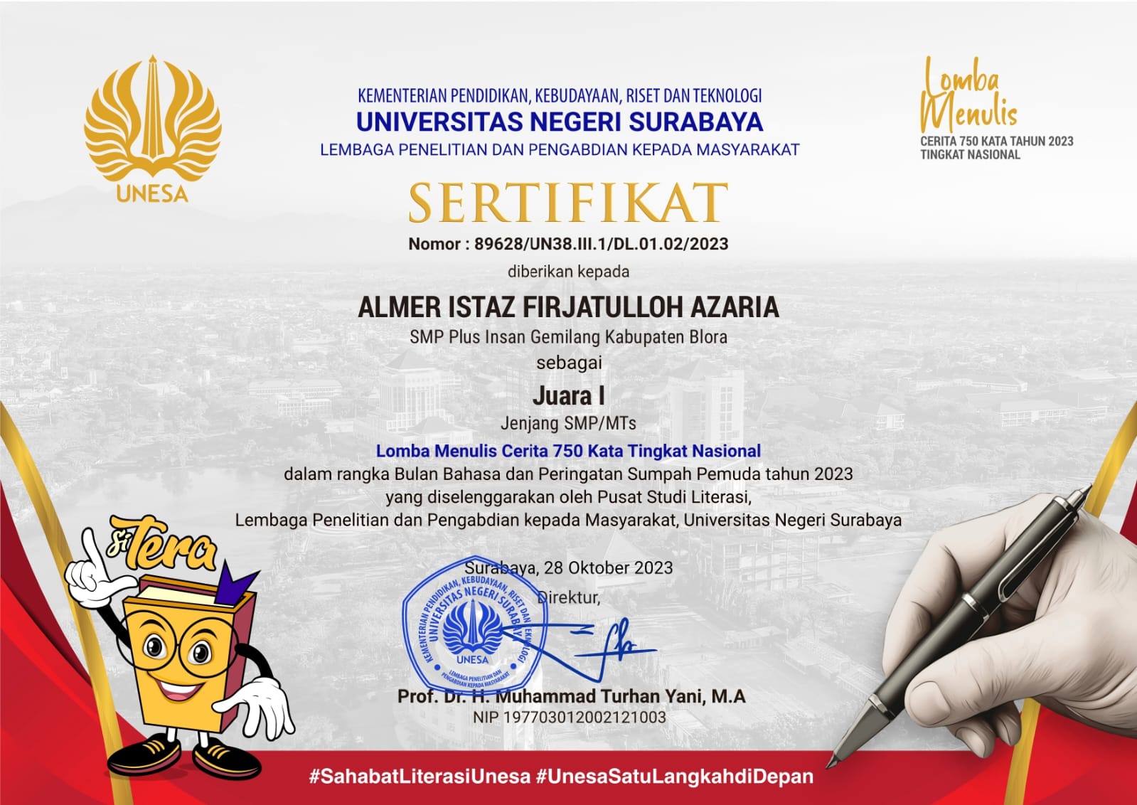 Penulis Muda Asal Blora Juara 1 Literasi Nasional Unesa