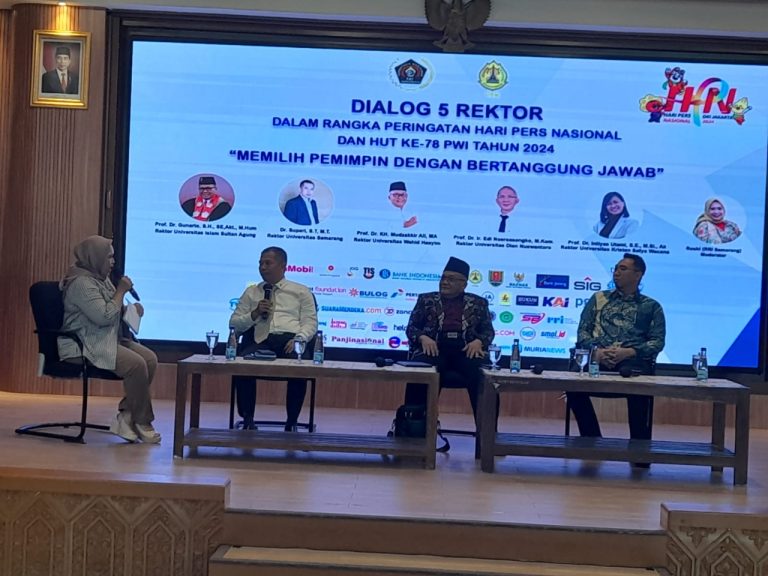 Dialog 5 Rektor dalam rangka Peringatan Hari Pers Nasional (HPN) dan HUT ke-78 PWI Tahun 2024 bertajuk ''Memilih Pemimpin dengan Bertanggung Jawab'' di Gedung Ir Widjatmoko, kampus Universitas Semarang (USM), Rabu 7 Februari 2024.